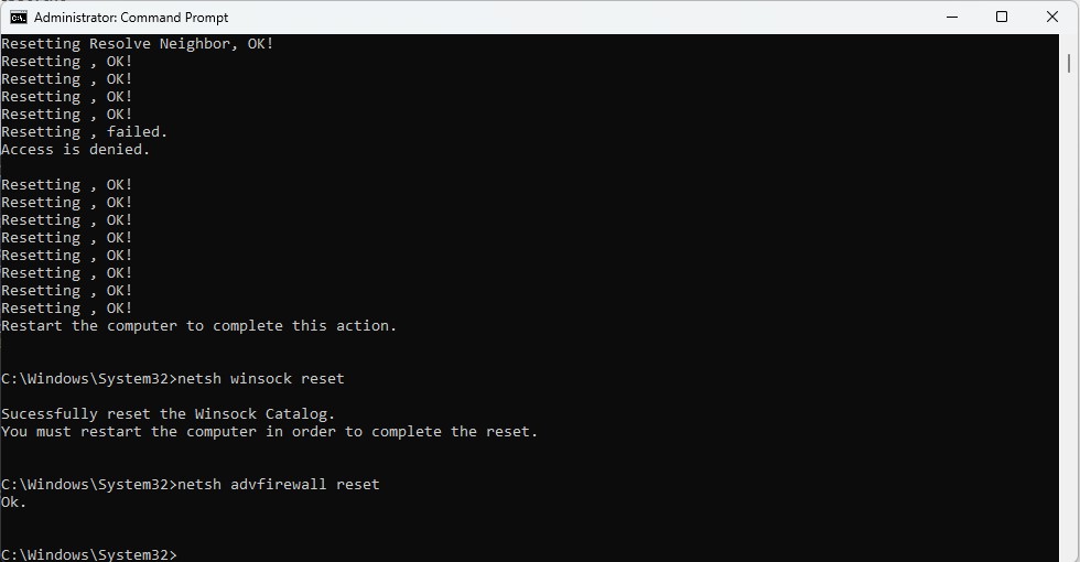 netsh advfirewall reset complete