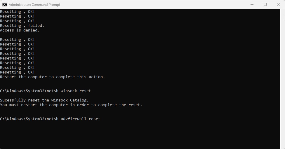 netsh advfirewall reset