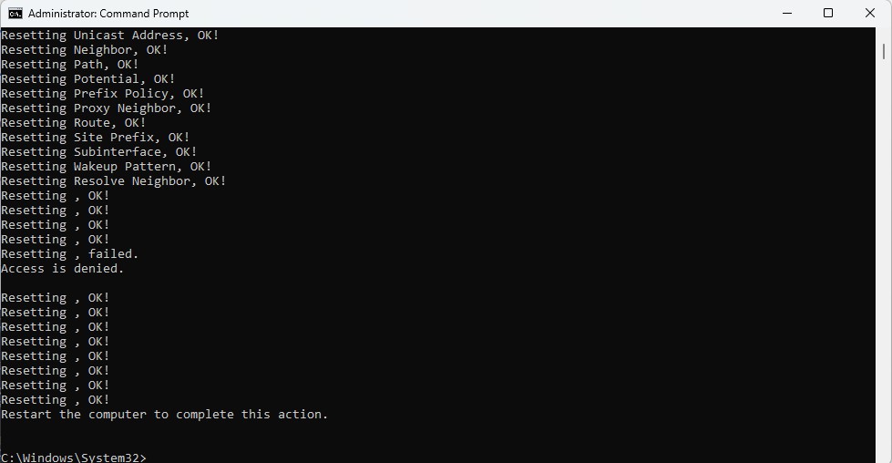 netsh int ip reset completed