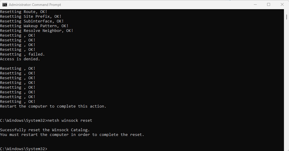 netsh winsock reset command complete