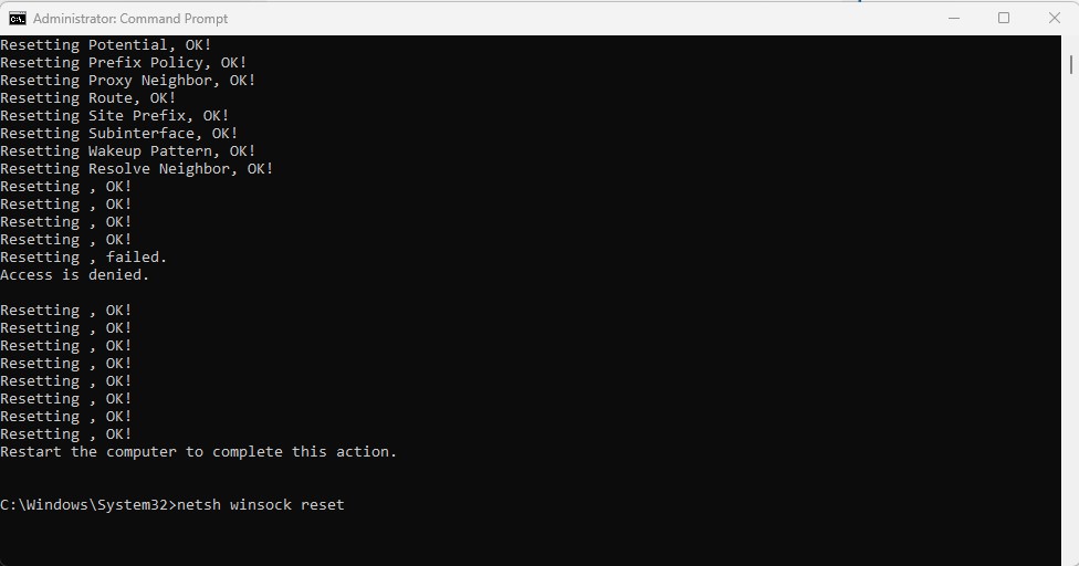 netsh winsock reset command
